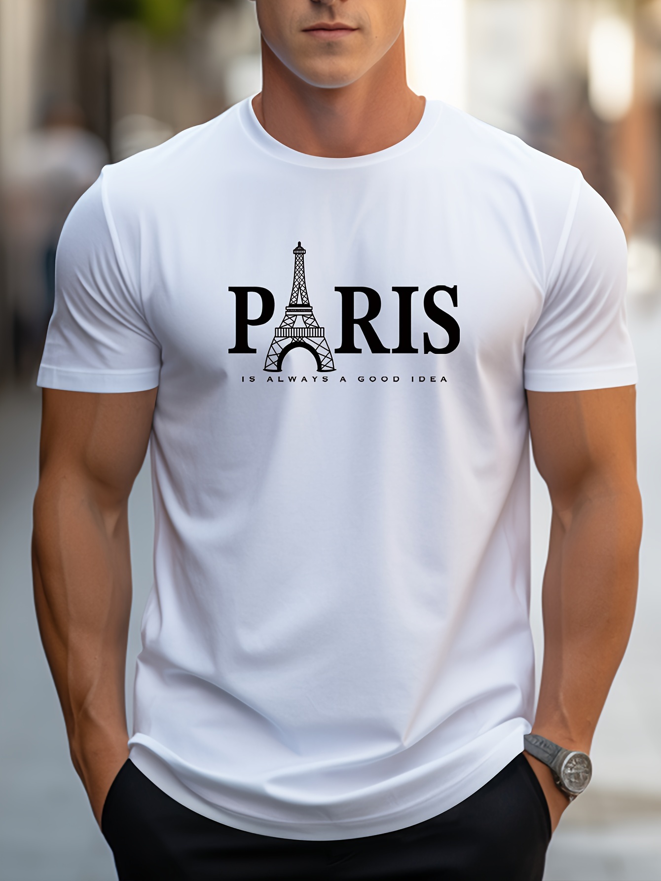 Summer Men's T Shirt Short Sleeve Paris Pattern Print Casual O-Neck Oversized Pullover Fashion Streetwear Male Clothing