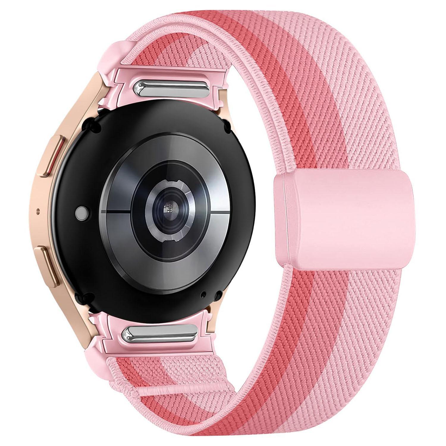 for samsung galaxy watch fe / 7 / 6 / 5 / 4 press button twill plastic magnetic buckle nylon watch band(gradient pink)