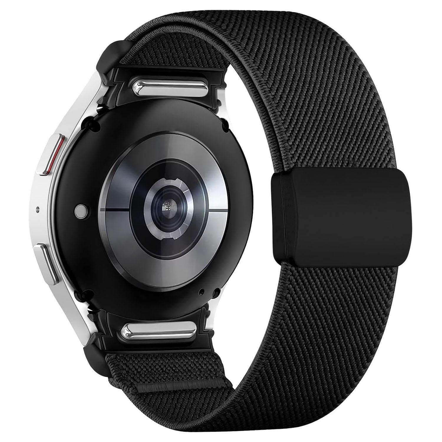 for samsung galaxy watch fe / 7 / 6 / 5 / 4 press button twill plastic magnetic buckle nylon watch band(black)