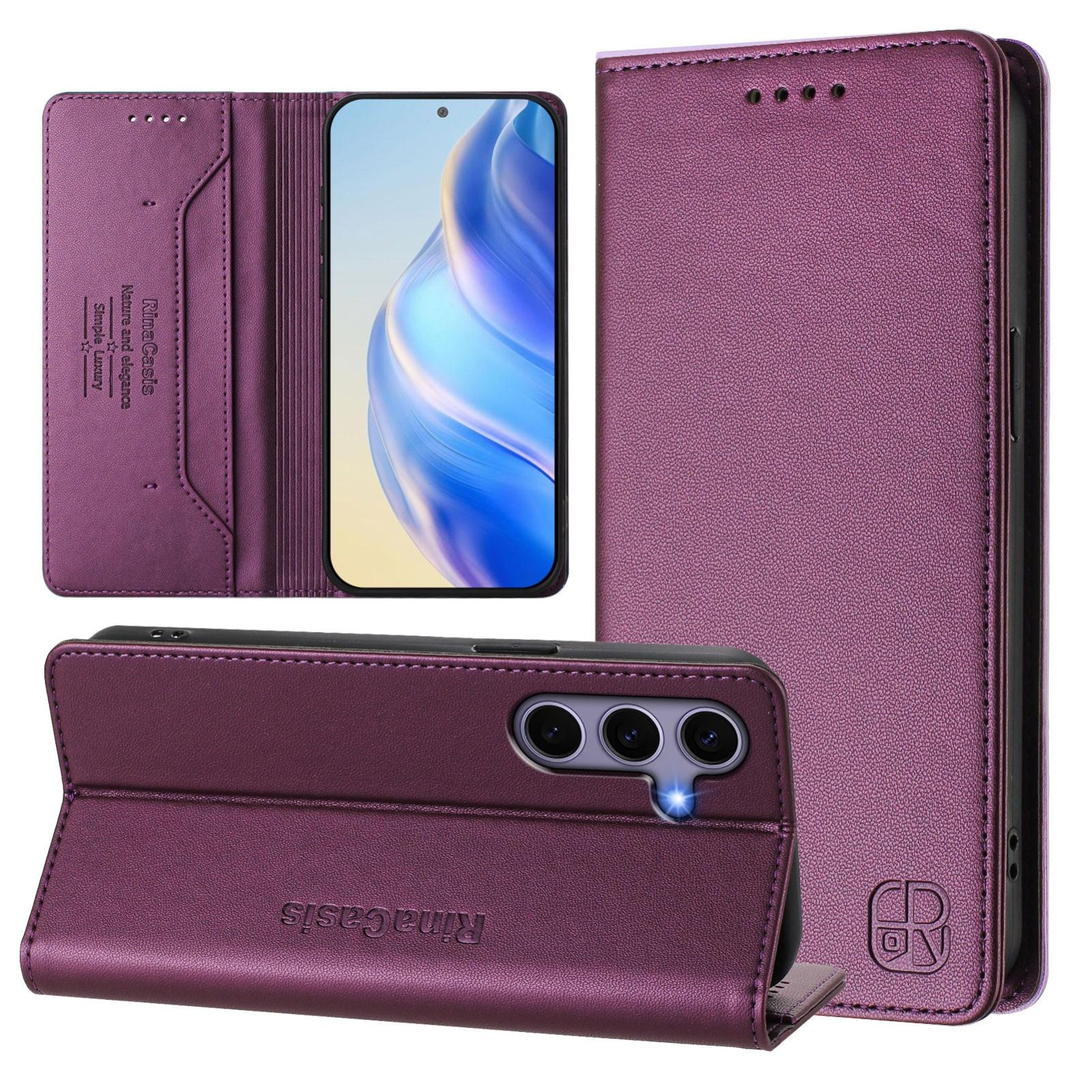 for samsung galaxy s24 / s25 5g rc01 dual-folded magnetic suction rfid leather phone case(violet)