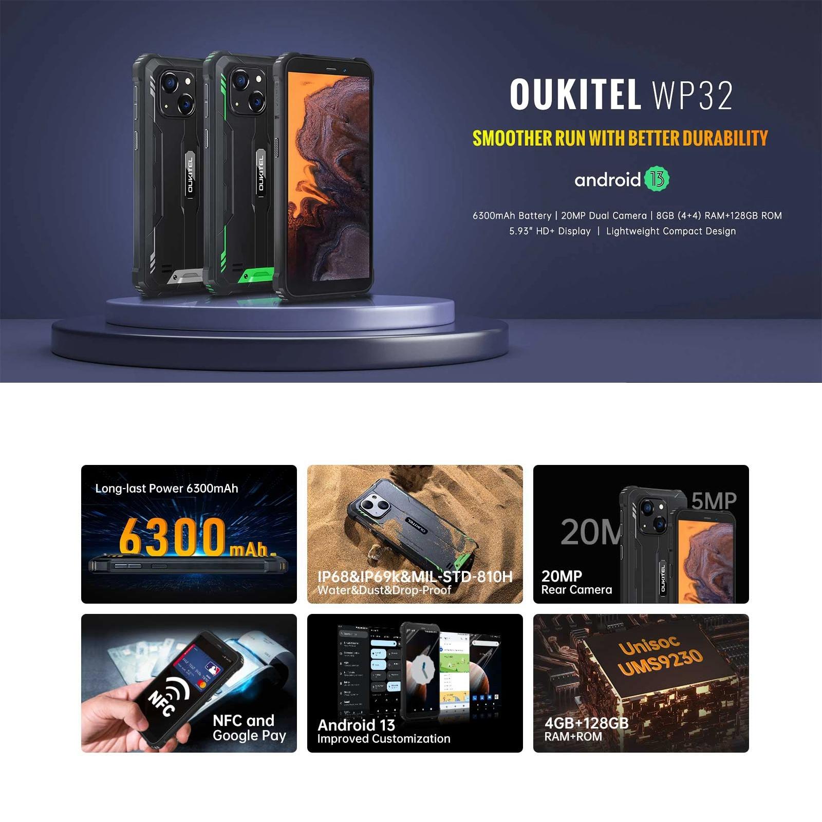 HK Warehouse Oukitel WP32, 4GB+128GB, IP68-IP69K, 5.93 inch Android 13 Unisoc Tiger T606 Octa-core, NFC, OTG, Network: 4GGreen