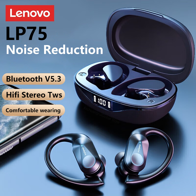 lenovo lp75 ture wireless headphones tws bluetooth 5.3 noise reduction sports ear hook hifi stereo waterproof gaming earphones