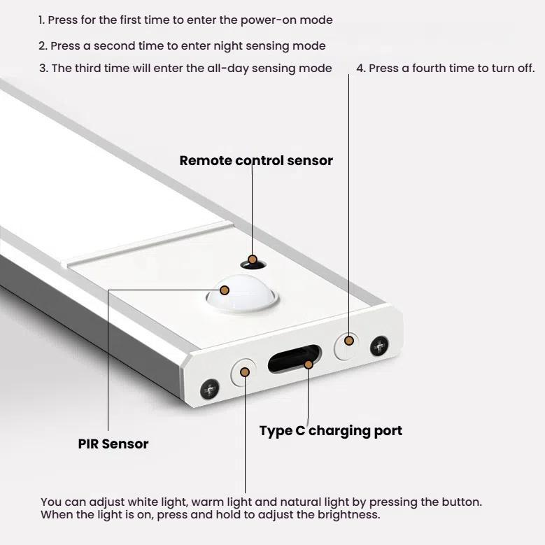20cm Rechargeable Motion Sensor Light Bar Cabinet Wardrobe Lamp With Remote Control Black