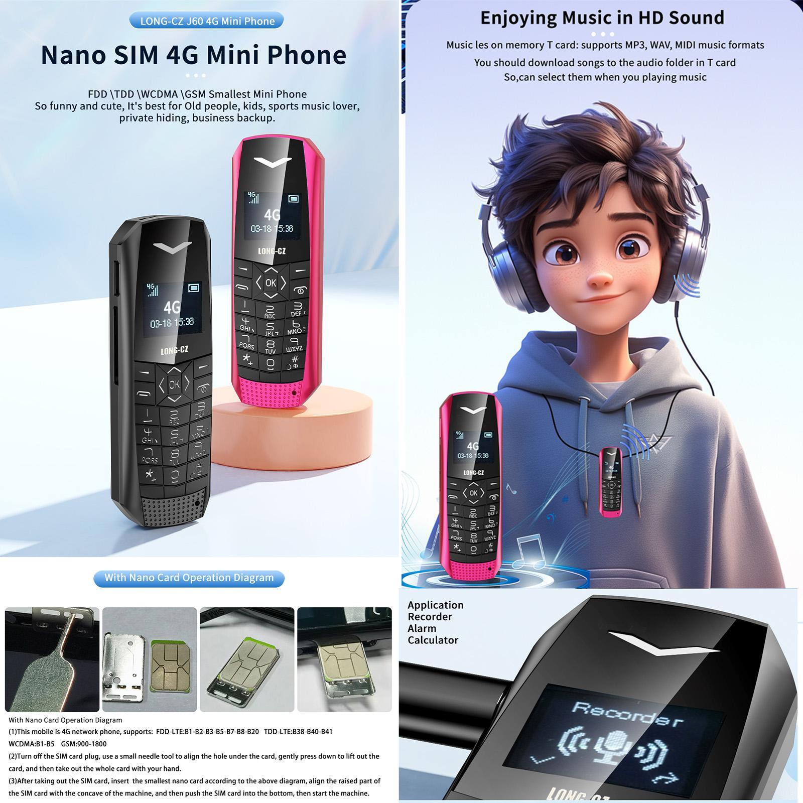LONG-CZ J60 4G Mini Phone, 1.77 inch Unisoc T107, 21 Keys, Network: 4G, Single SIM Black
