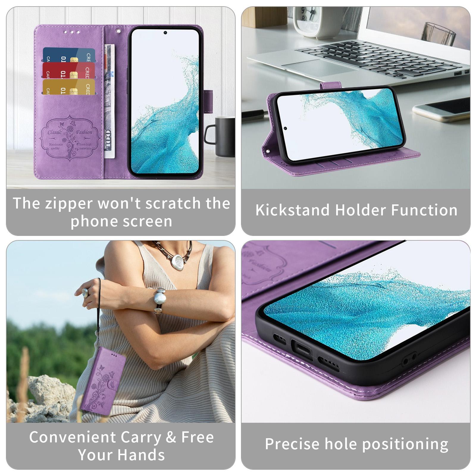 For Samsung Galaxy A17 - A26 - A16 5G Embossed Butterfly Flowers Leather Phone CasePurple