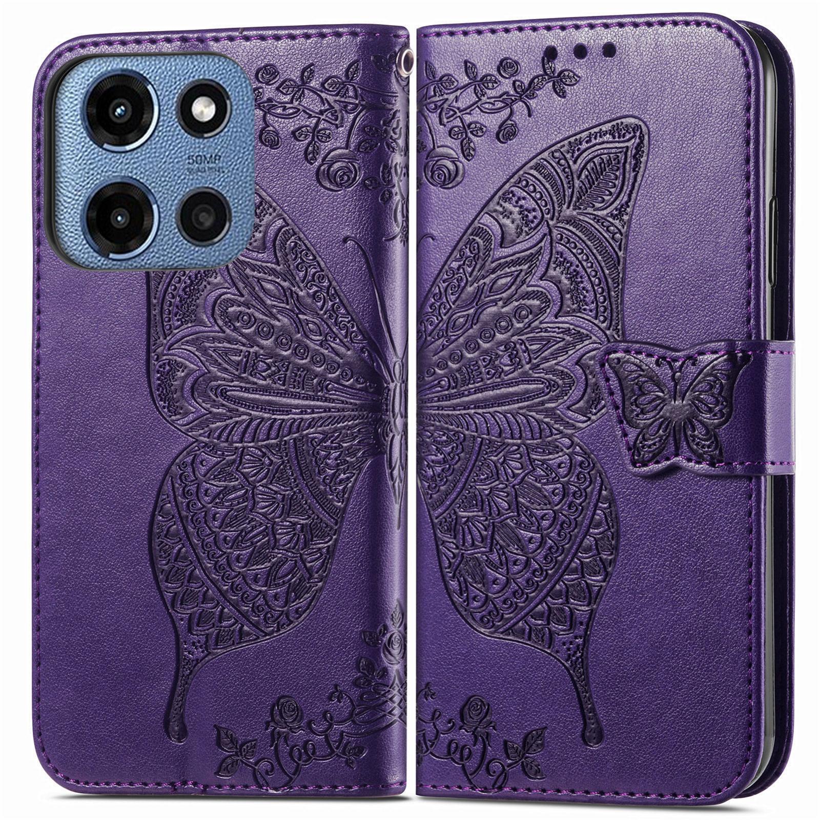 For Motorola Moto G 2025 Butterfly Love Flower Embossed Leather Phone CasePurple