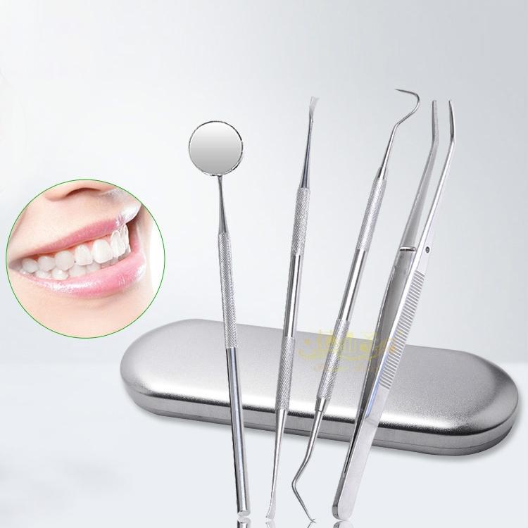 4 in 1 dental tool set stainless steel probe + hoe-shaped dentist + dental tweezers + mouth mirror