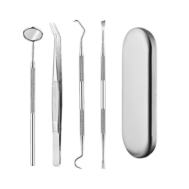 4 in 1 Dental Tool Set Stainless Steel Probe + Hoe-shaped Dentist + Dental Tweezers + Mouth Mirror