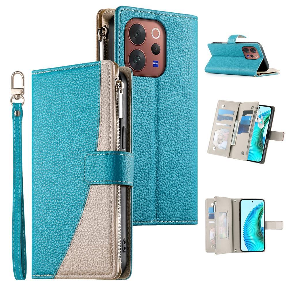 For vivo V70 5G - S50 5G Stitching Multi-card Zipper Wallet Leather Phone Case with Short StrapBlue