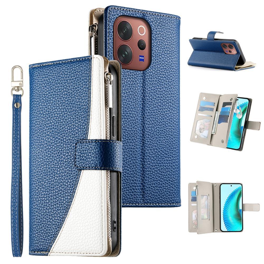 For vivo V70 5G - S50 5G Stitching Multi-card Zipper Wallet Leather Phone Case with Short StrapBlue