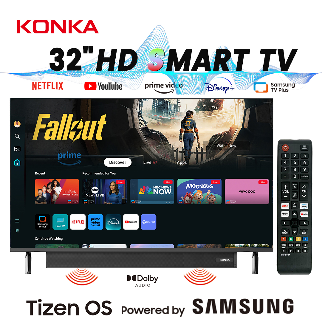 konka 32" smart tv tizen os powered by samsung built-in 30w soundbar hdr10 v-max display theater audio dynamic sound 1y warranty