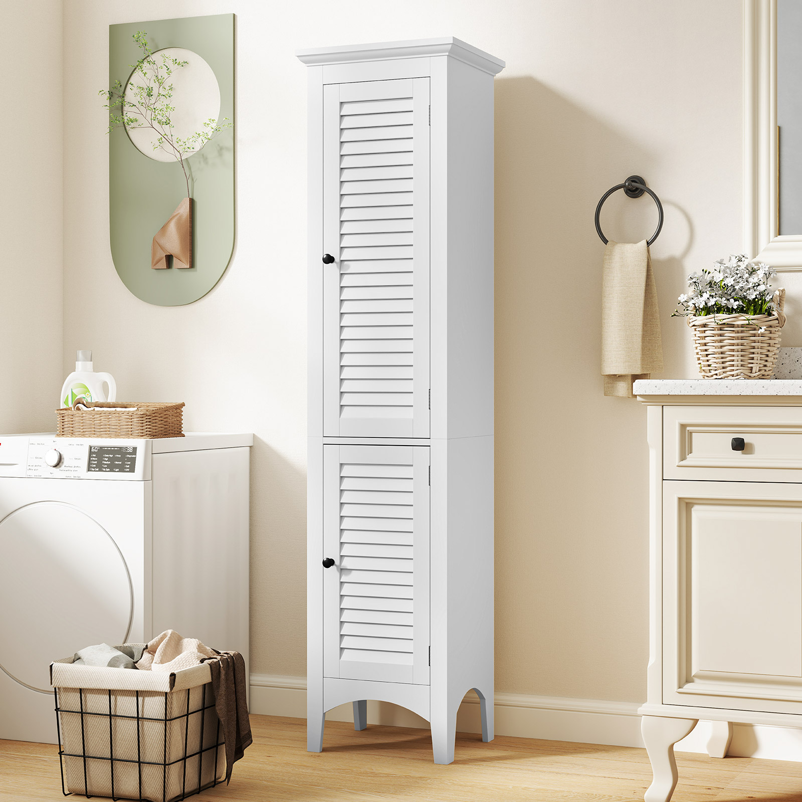 Tall Bathroom Floor Cabinet with Shutter Doors and Adjustable Shelf-White