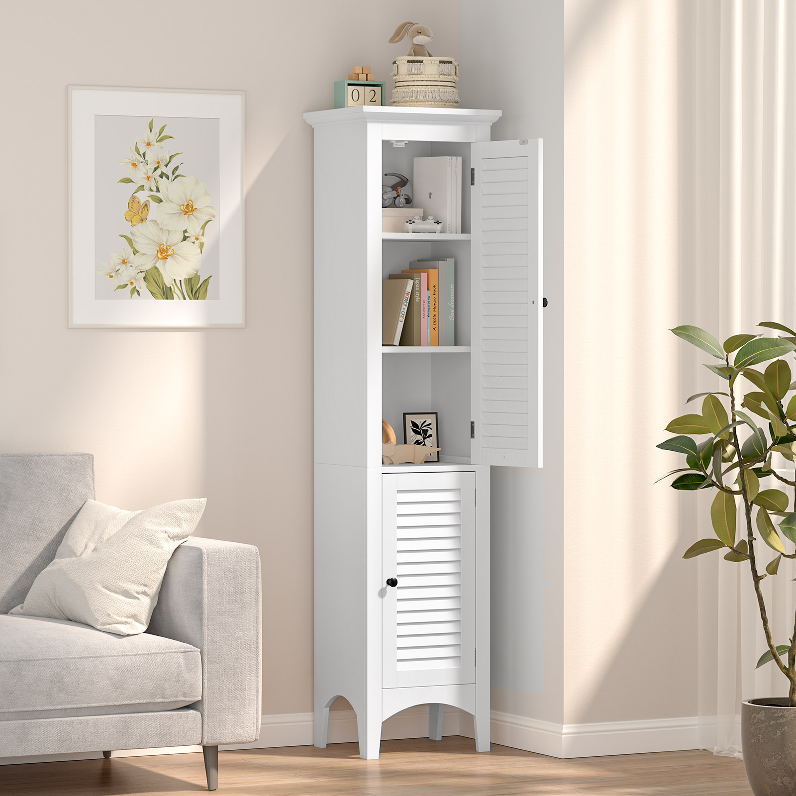 Tall Bathroom Floor Cabinet with Shutter Doors and Adjustable Shelf-White