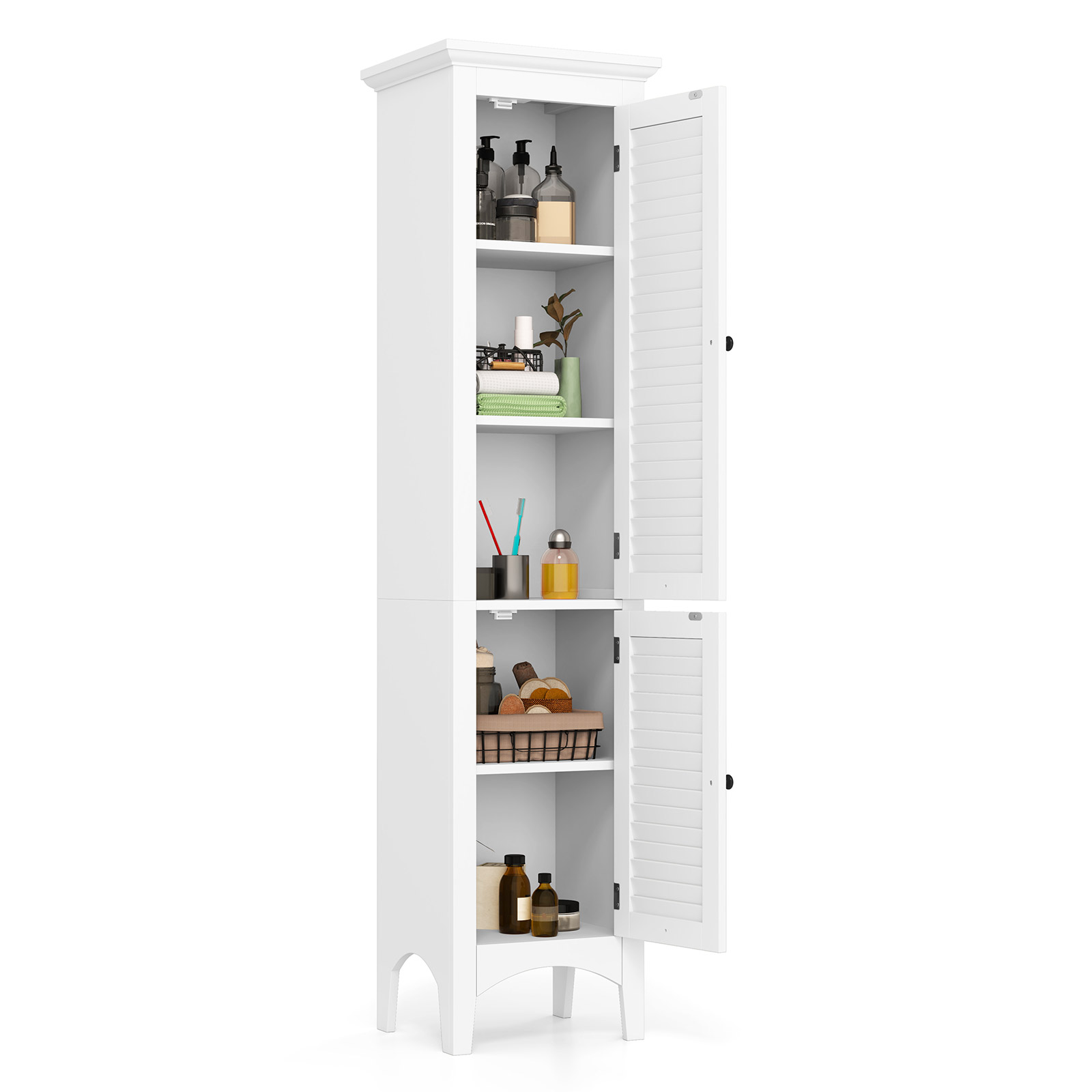 Tall Bathroom Floor Cabinet with Shutter Doors and Adjustable Shelf-White