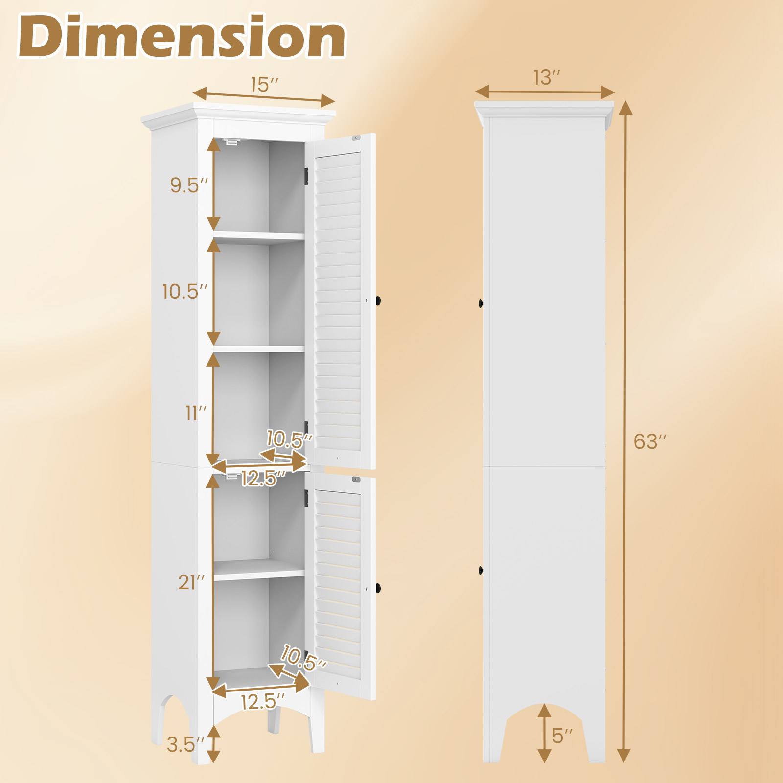 Tall Bathroom Floor Cabinet with Shutter Doors and Adjustable Shelf-White