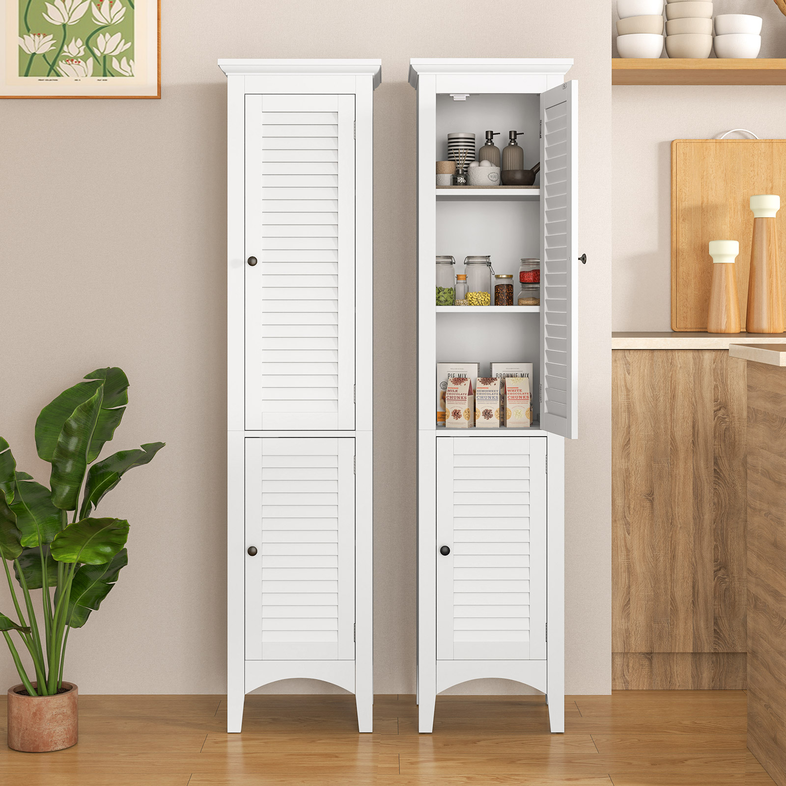 Tall Bathroom Floor Cabinet with Shutter Doors and Adjustable Shelf-White